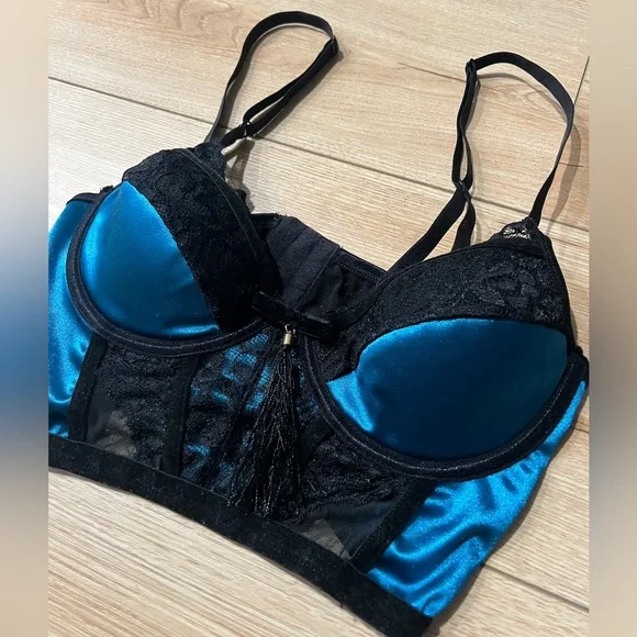 iCollection Lux Satin and Lace lingerie Y2K corset - teal/black - Picture 3 of 4
